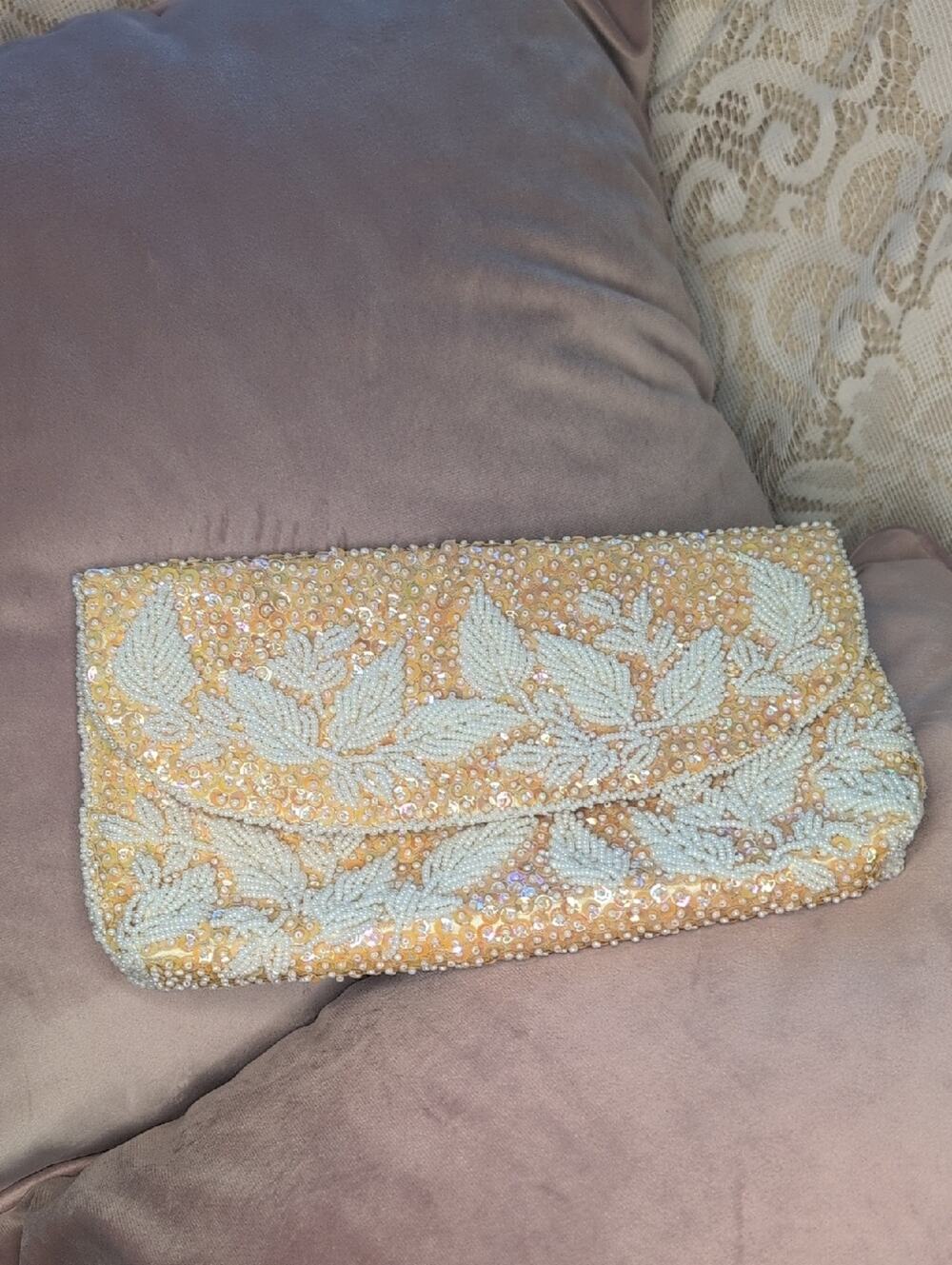 Beaded Leaf Motif Evening Clutch in Yellow and White